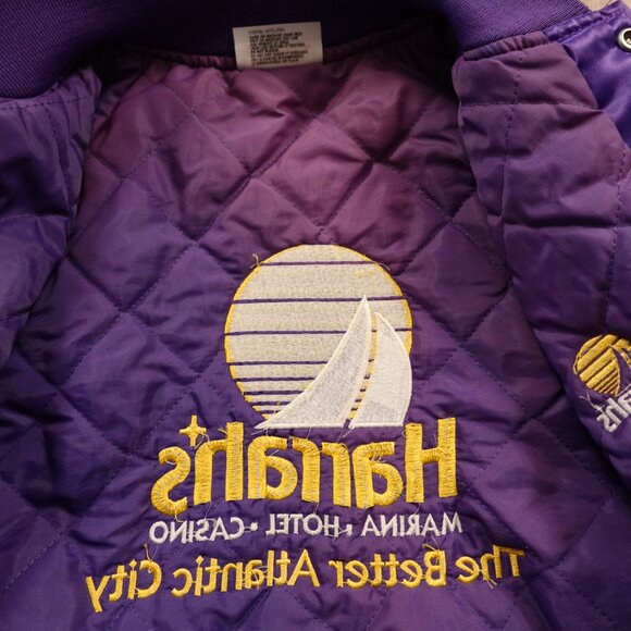 Vintage Satin Bomber Jacket Harrah’s Marina Hotel Casino Large Purple 80s Style - Picture 12 of 12